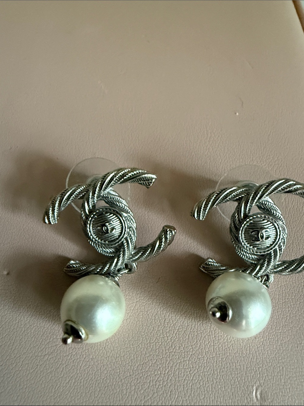 Silver-Tone Rope CC Logo Drop Pearl Earrings